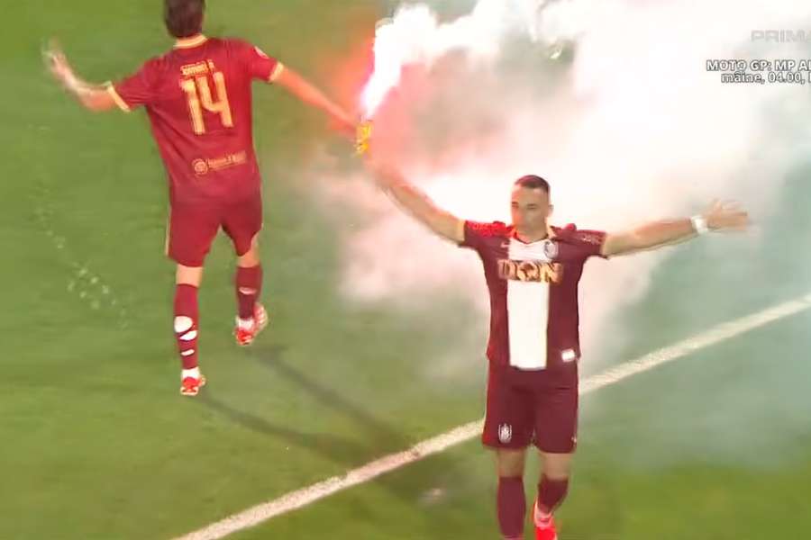 Stefan Drazic înscrie și se bucură ridicând de pe teren o torță aruncată de fani Stefan Drazic înscrie și se bucură ridicând de pe teren o torță aruncată de fani