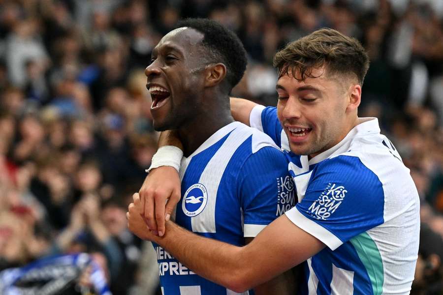 Brighton's English striker #18 Danny Welbeck celebrates scoring the team's second goal Brighton's English striker #18 Danny Welbeck celebrates scoring the team's second goal