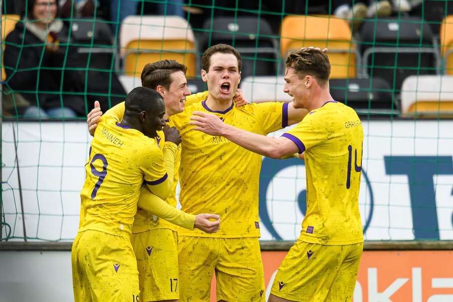 Mjallby celebrate Jacob Bergstrom's first goal