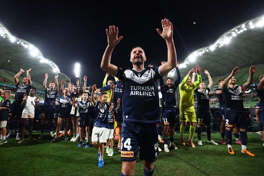 Juan Mata leads the post-game celebrations with teammates and fans after defeating Perth Glory in early January. Juan Mata leads the post-game celebrations with teammates and fans after defeating Perth Glory in early January.
