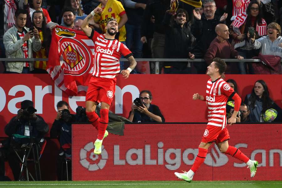 Taty Castellanos celebrates after scoring his hat-trick against Real Madrid.