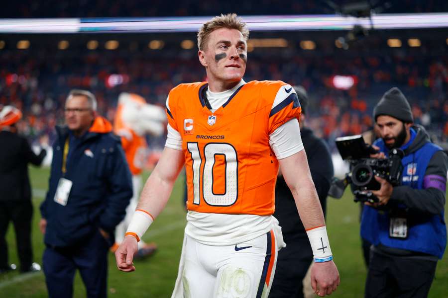 Broncos QB Bo Nix leaving the field after 33-30 win over Buffalo Bills
