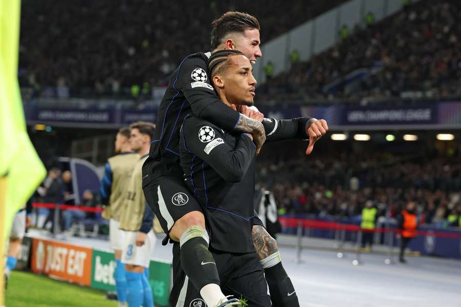 Chelsea's Joao Pedro celebrates his goal against Napoli 