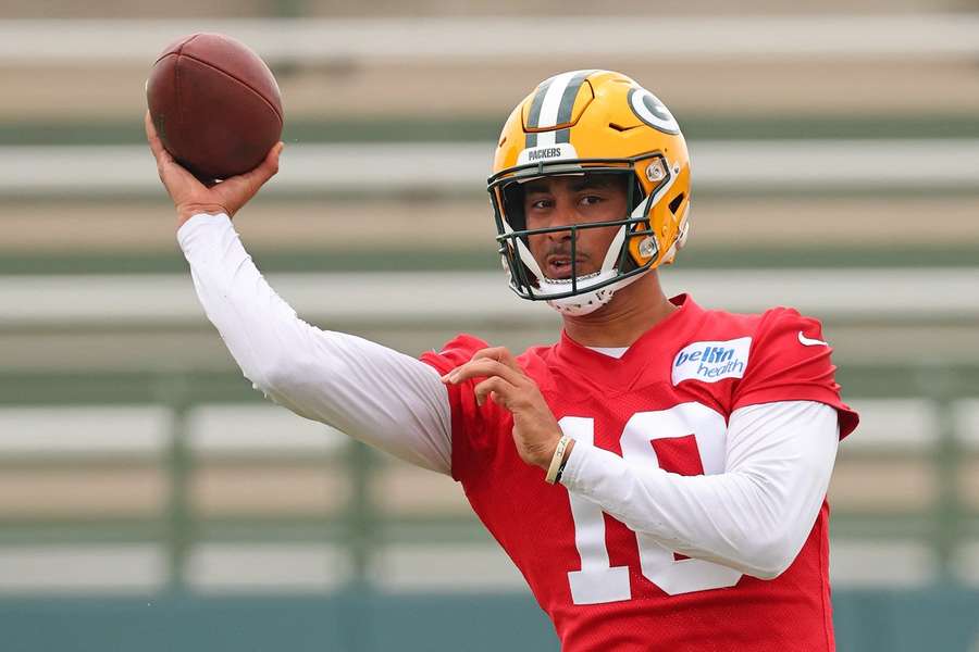 Jordan Love op de training van de Packers eind mei