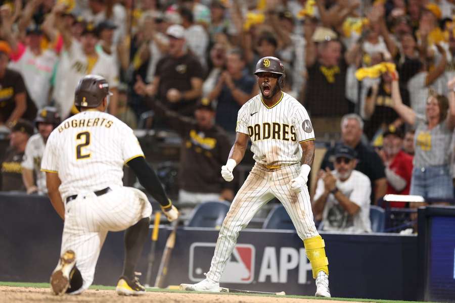Samad Taylor (right) celebrates during Padres NLDS Game 3 win over MIlwaukee Brewers Samad Taylor (right) celebrates during Padres NLDS Game 3 win over MIlwaukee Brewers