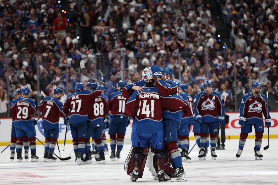 The Colorado Avalanche celebrate advancing to the Western Conference final.