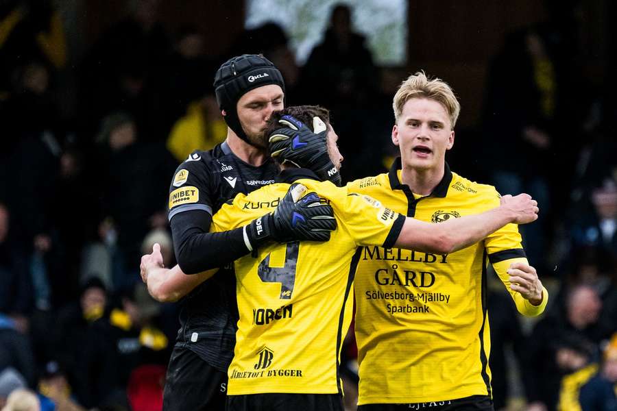 Mjallby players celebrate going top of the league with their win over Goteborg