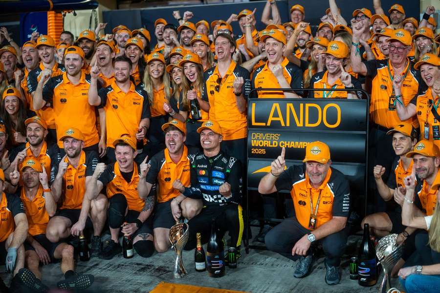 The McLaren team celebrates Norris' win