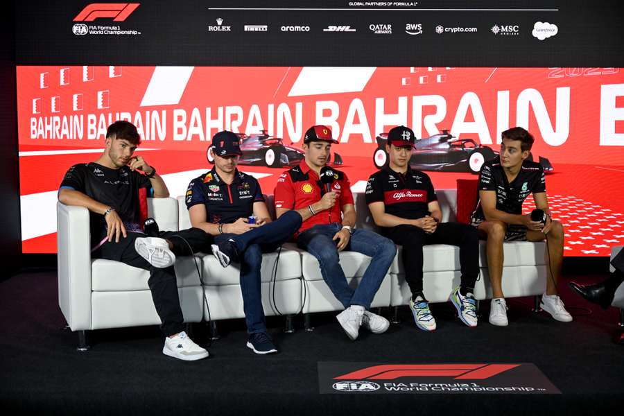 Alpine's Pierre Gasly (L), Red Bull's Max Verstappen (2L), Ferrari's Charles Leclerc (C), Alfa Romeo's Zhou Guanyu (2R) and Mercedes' George Russell (R) 