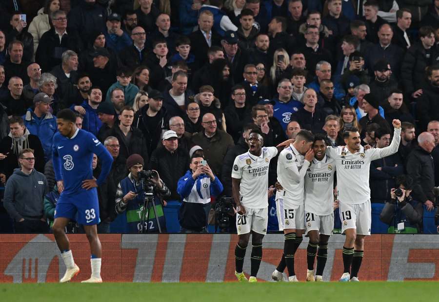 Real Madrid's Brazilian striker Rodrygo celebrates scoring the team's second goal Real Madrid's Brazilian striker Rodrygo celebrates scoring the team's second goal