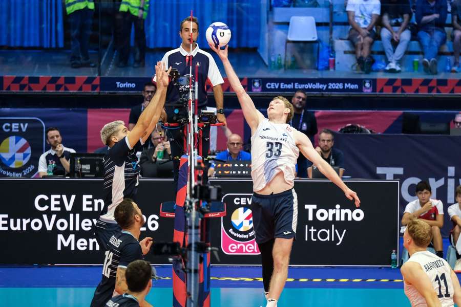 Fedor Ivanov reaches high for Finland in their win over Greece