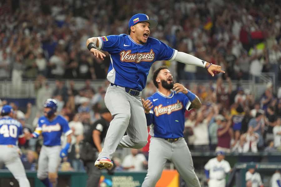 Venezuela Javier Sanoja celebrates during 2026 World Baseball Classic semi-finals matchup against Italy