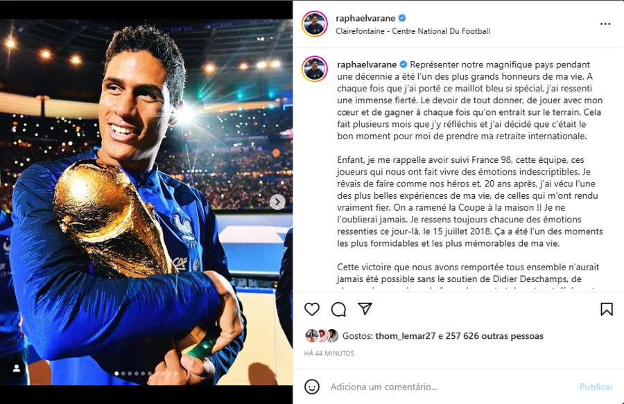 O adeus de Varane nas redes sociais O adeus de Varane nas redes sociais