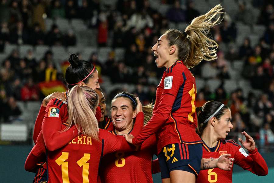 Spain's players celebrate their second goal