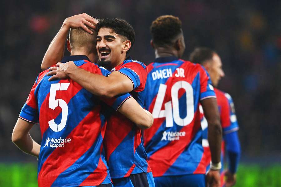 Viktoria Plzen's Karel Spacil celebrates scoring his team's third goal against Malmo