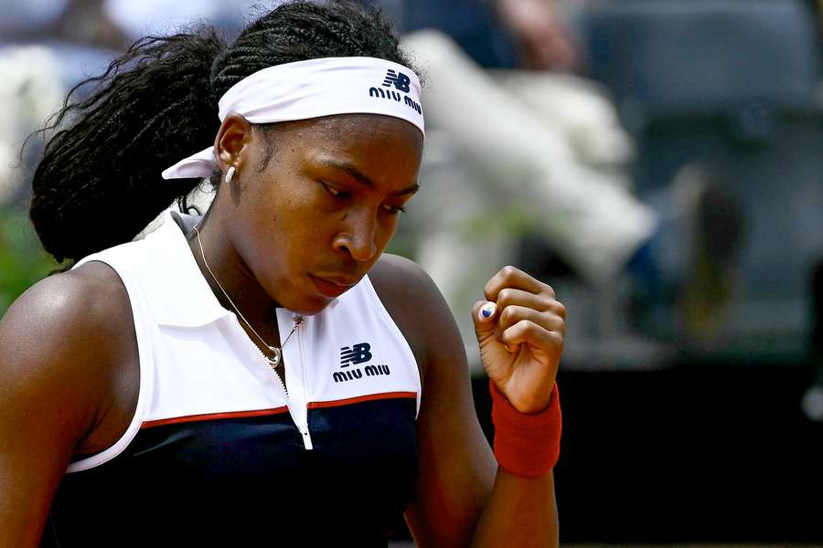 Coco Gauff reacts after a point as she plays against Mirra Andreeva in Rome