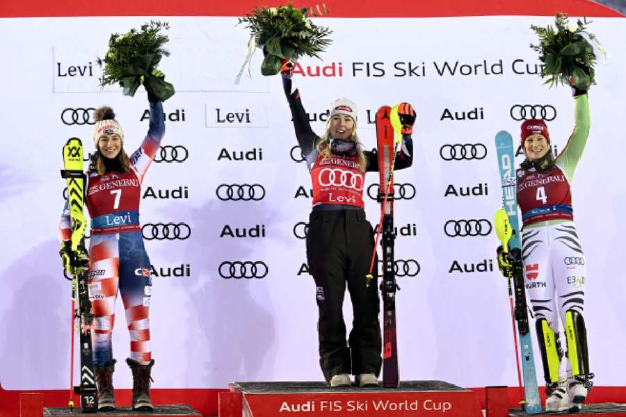 Mikaela Shiffrin celebrates on the podium after winning the Women's Slalom alongside second-placed Leona Popovic and third-placed Lena Duerr