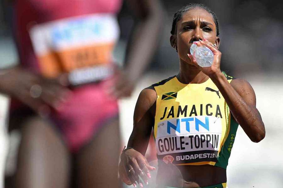 Jamaica's Natoya Goule-Toppin drinks water before the women's 800m heats