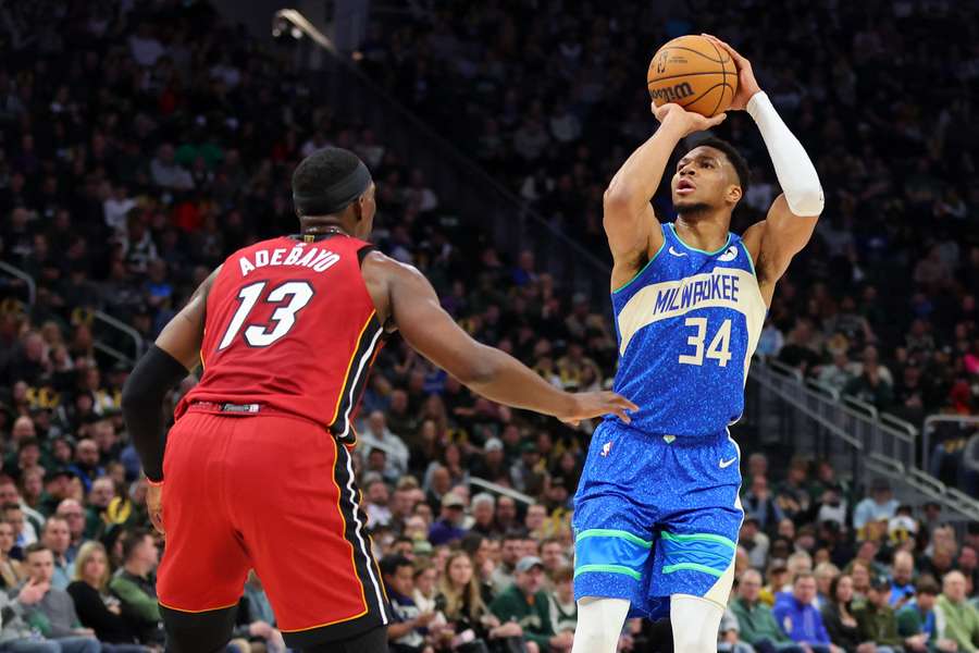 Giannis shooting over Heat's Bam Adebayo Giannis shooting over Heat's Bam Adebayo