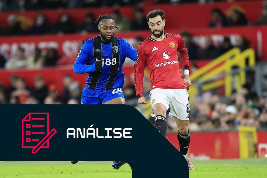 Bruno Fernandes, do Manchester United, disputa a bola com Antoine Semenyo, do Bournemouth Bruno Fernandes, do Manchester United, disputa a bola com Antoine Semenyo, do Bournemouth