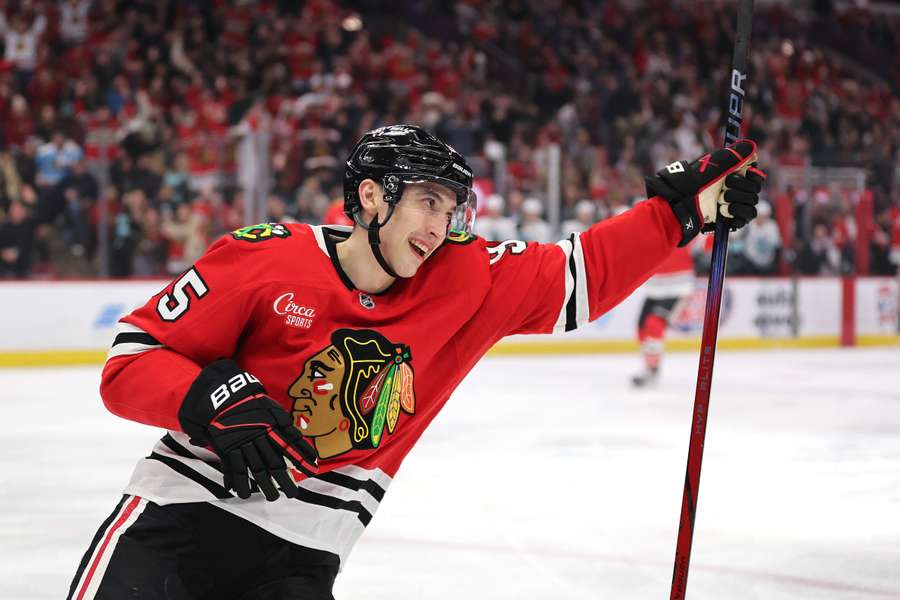 Chicago Blackhawks Ilya Mikheyev celebrating after a goal against the Seattle Kraken (2024)