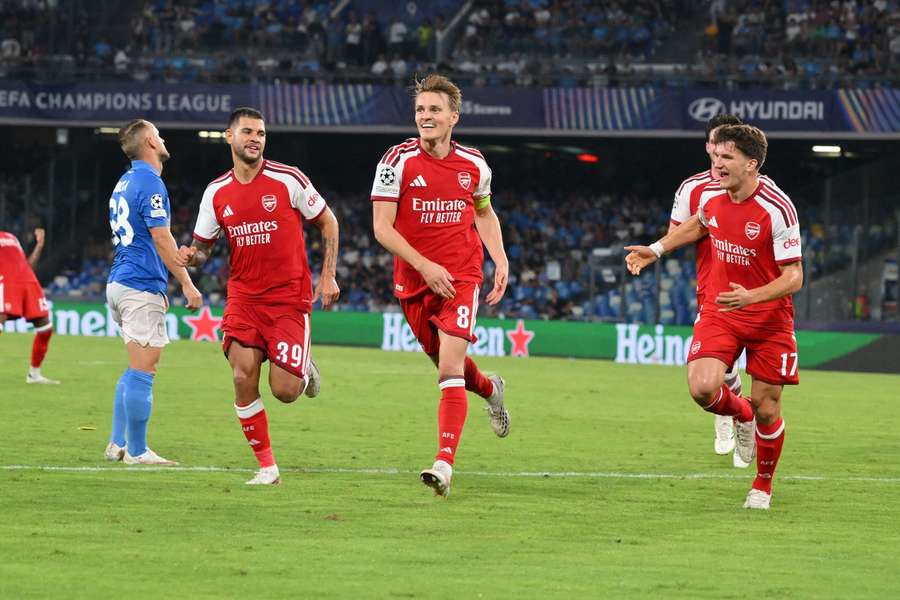 Arsenal's Martin Odegaard celebrates scoring the winner against Napoli 