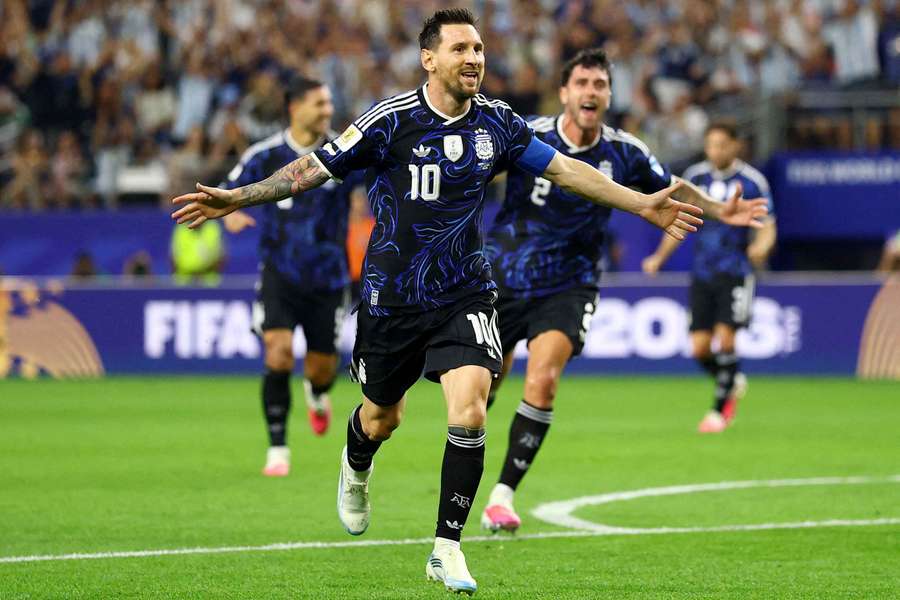 Argentina's Lionel Messi celebrates scoring against Jordan