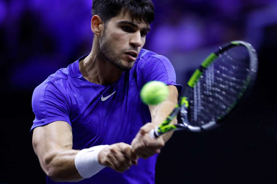 Team Europe's Carlos Alcaraz returns a shot against Team USA's Taylor Fritz in the Laver Cup on Sunday