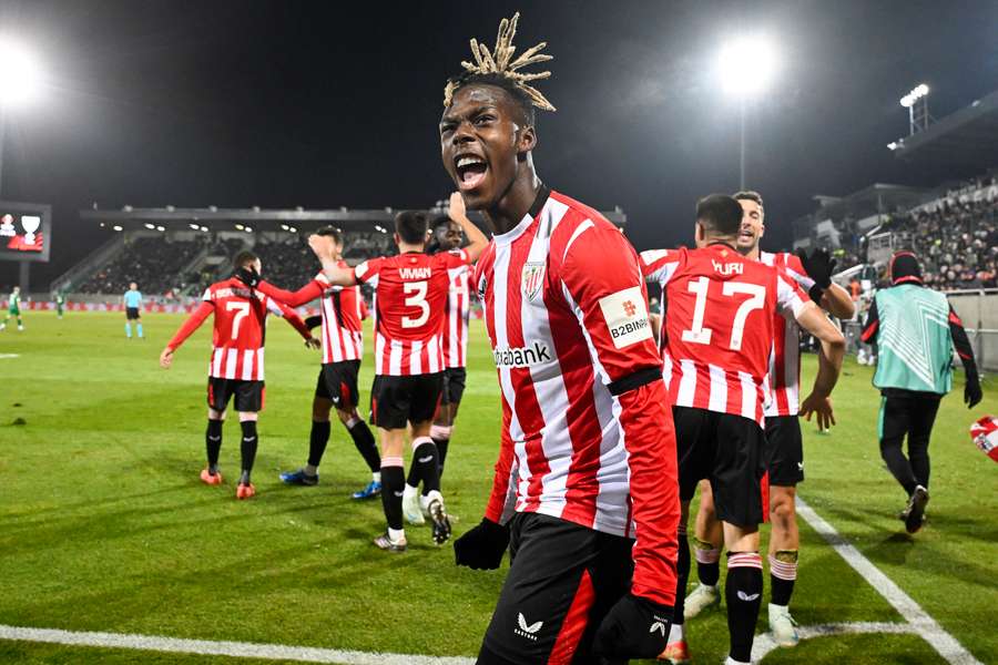 Nico Williams (centre) celebrating a goal for Athletic Bilbao