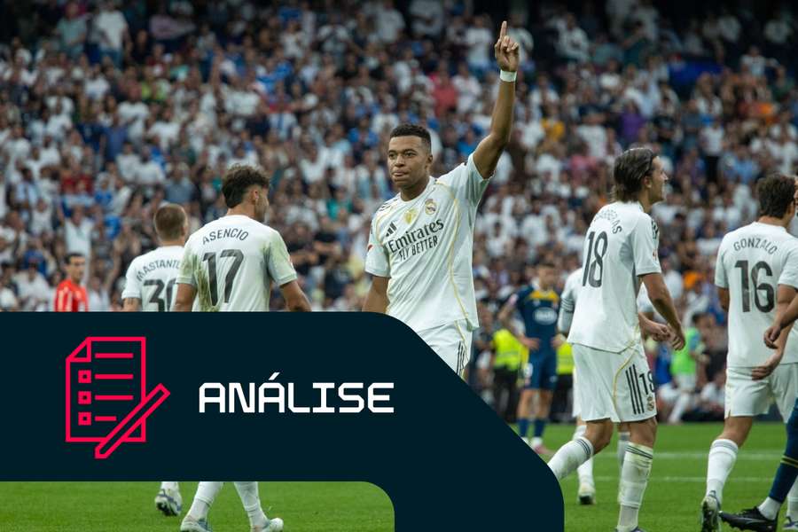 Kylian Mbappé, do Real Madrid, celebra o seu golo contra o Espanhol Kylian Mbappé, do Real Madrid, celebra o seu golo contra o Espanhol
