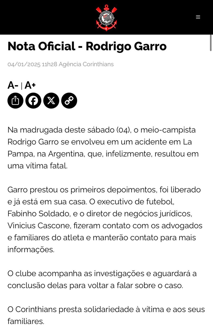 Nota oficial do Corinthians sobre o acidente de Rodrigo Garro Nota oficial do Corinthians sobre o acidente de Rodrigo Garro