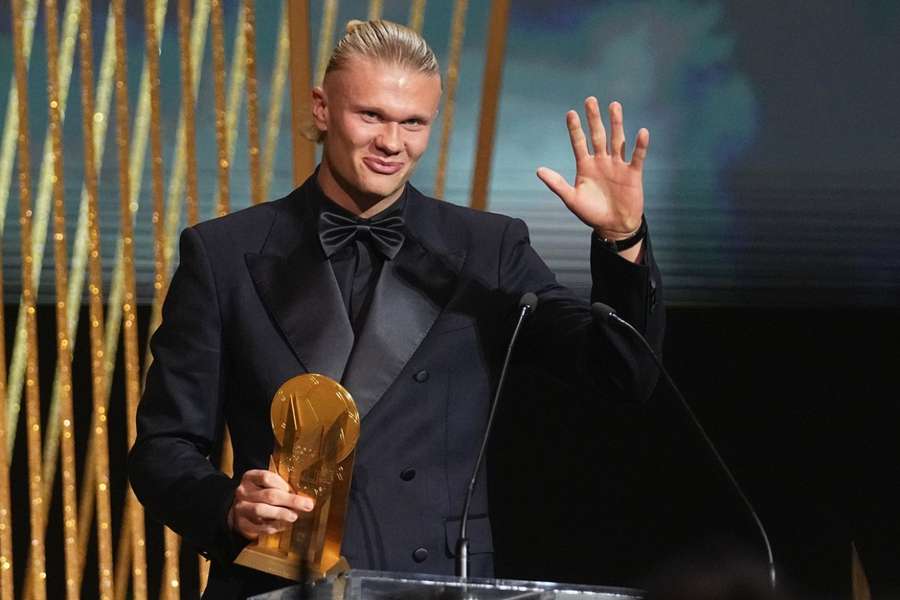 Erling Haaland celebrates after receiving the Gerd Müller trophy during the 67th Ballon d'Or in October