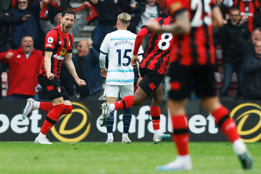 Bournemouth's Uruguayan defender Matias Vina (L) celebrates scoring his team's first goal