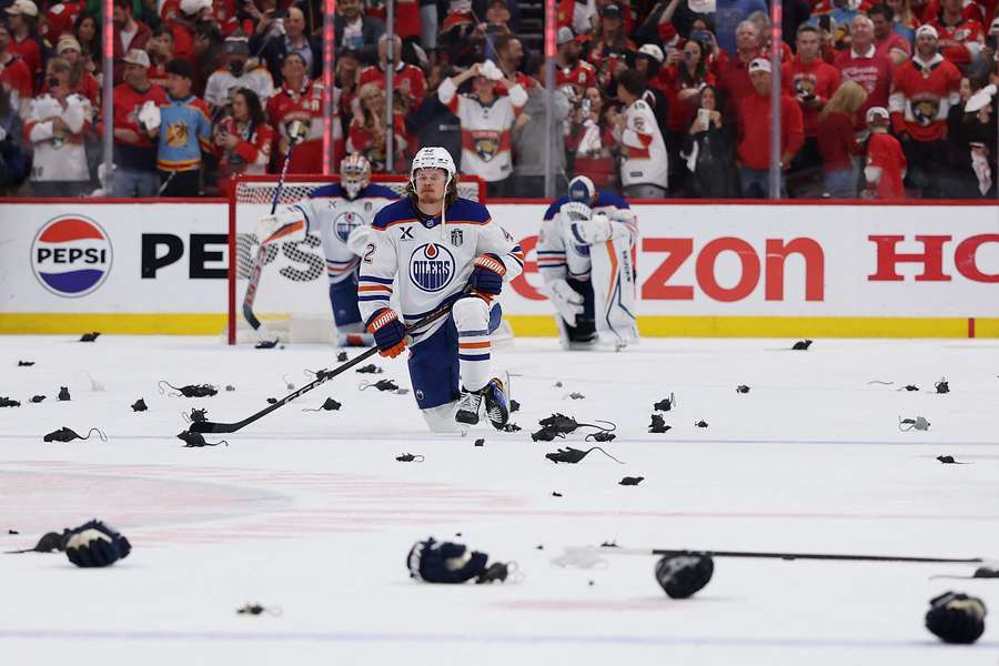 Kasperi Kapanen of the Edmonton Oilers reacts on the ice after being defeated by the Florida Panthers in Game 6