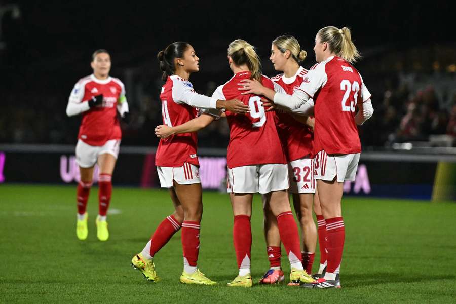 Arsenal celebrate their goal during their win against Twente in the UEFA Women's Champions League. Arsenal celebrate their goal during their win against Twente in the UEFA Women's Champions League.