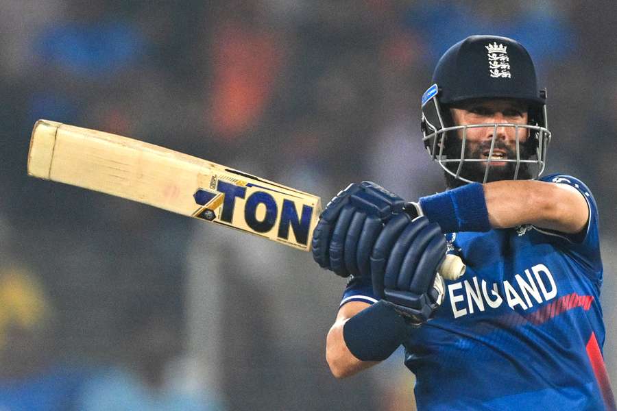 Moeen Ali plays a shot during the 2023 ICC Men's Cricket World Cup one-day international (ODI) match between England and Australia