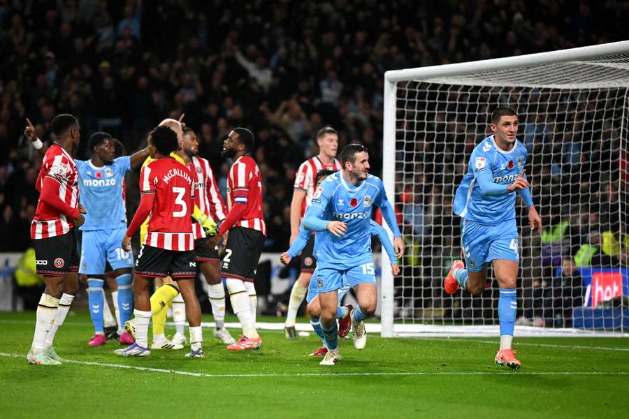 Bobby Thomas of Coventry City celebrates scoring his team's second goal Bobby Thomas of Coventry City celebrates scoring his team's second goal