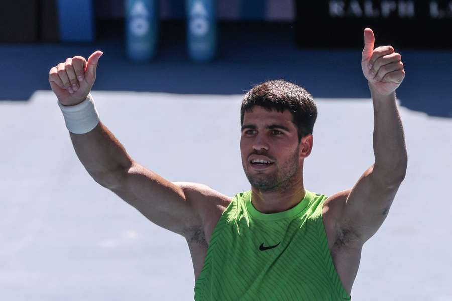 Carlos Alcaraz reacts in his Australian Open clash against Yannick Hanfmann