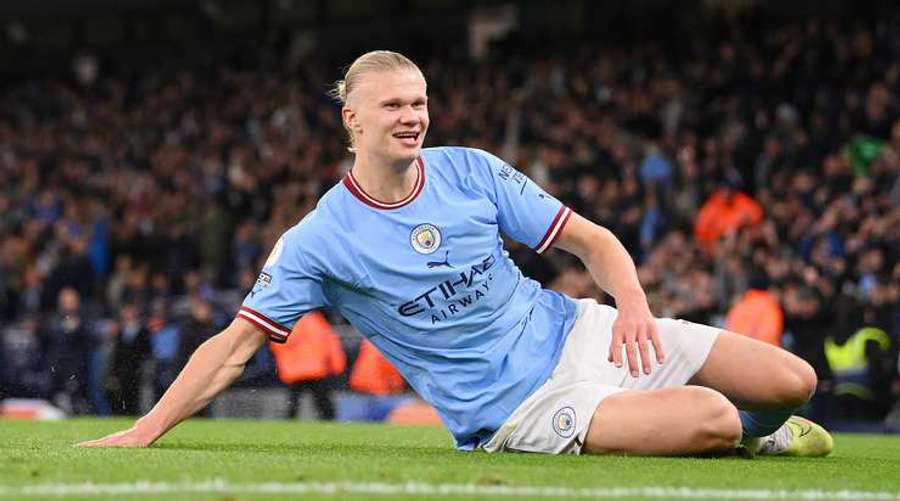 Erling Haaland celebrates after giving Man City a 2-0 lead