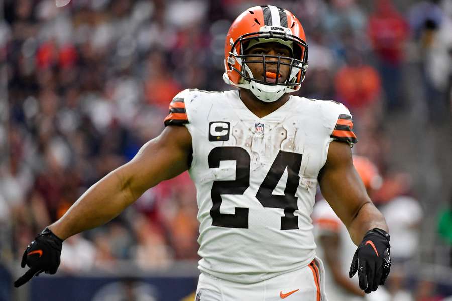 Former Cleveland Browns running back Nick Chubb reacts after a big run against the Houston Texans (2022)