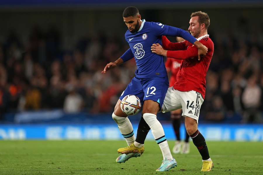 Ruben Loftus-Cheek shields the ball from Christian Eriksen