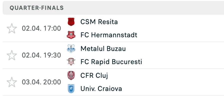 Programul celorlalte 3 partide din sferturile Cupei României