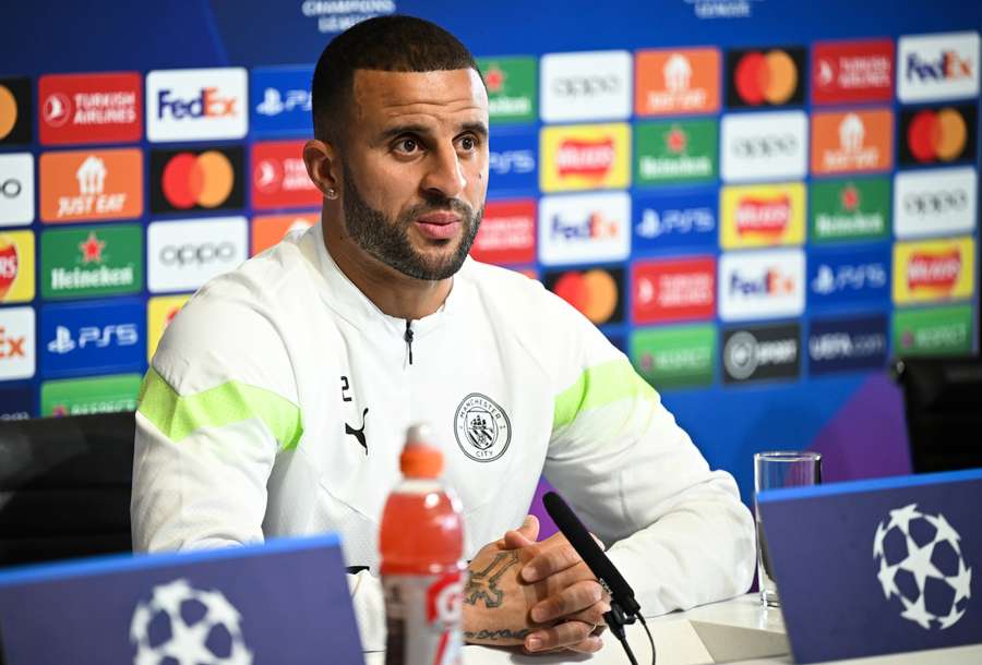 Manchester City defender Kyle Walker reacts as he attends a press conference