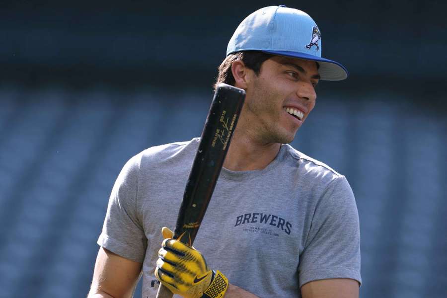 Christian Yelich smiling during batting practice before facing the Los Angeles Angels (June 2024)