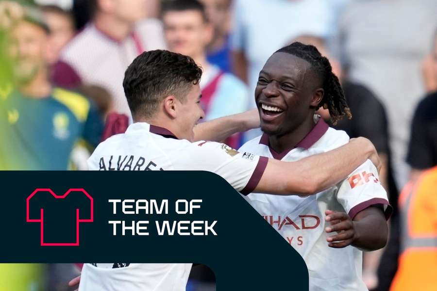 Jeremy Doku (R) scored his first goal for Manchester City