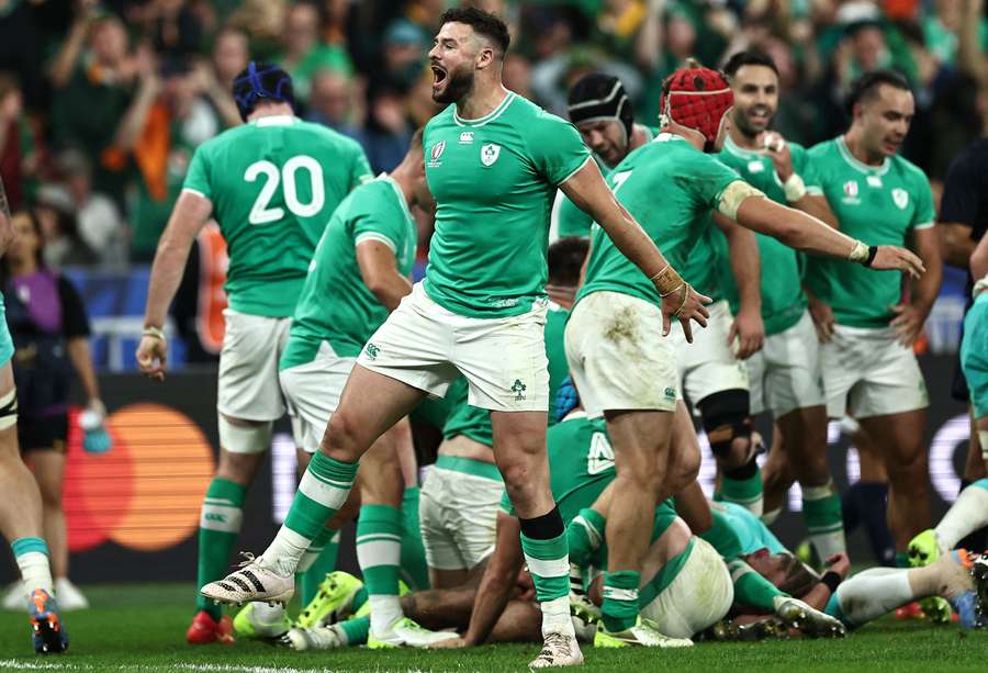 Ireland centre Robbie Henshaw celebrates the victory against South Africa