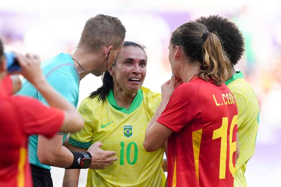 Marta #10 of Brazil reacts after being sent off