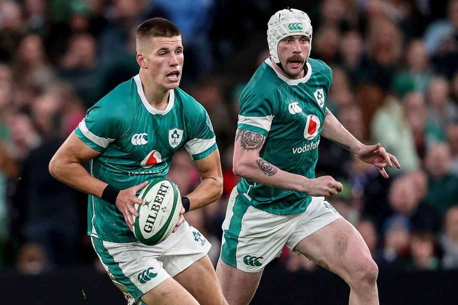 Mack Hansen supports Sam Prendergast with ball in hand Mack Hansen supports Sam Prendergast with ball in hand