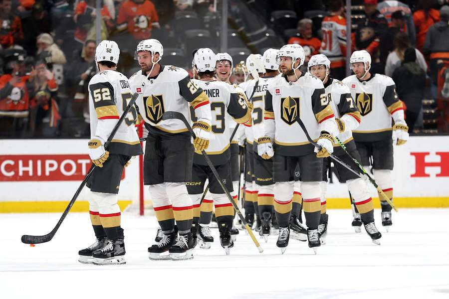 The Vegas Golden Knights celebrate their Game 3 win in the second round of the Stanley Cup playoffs.