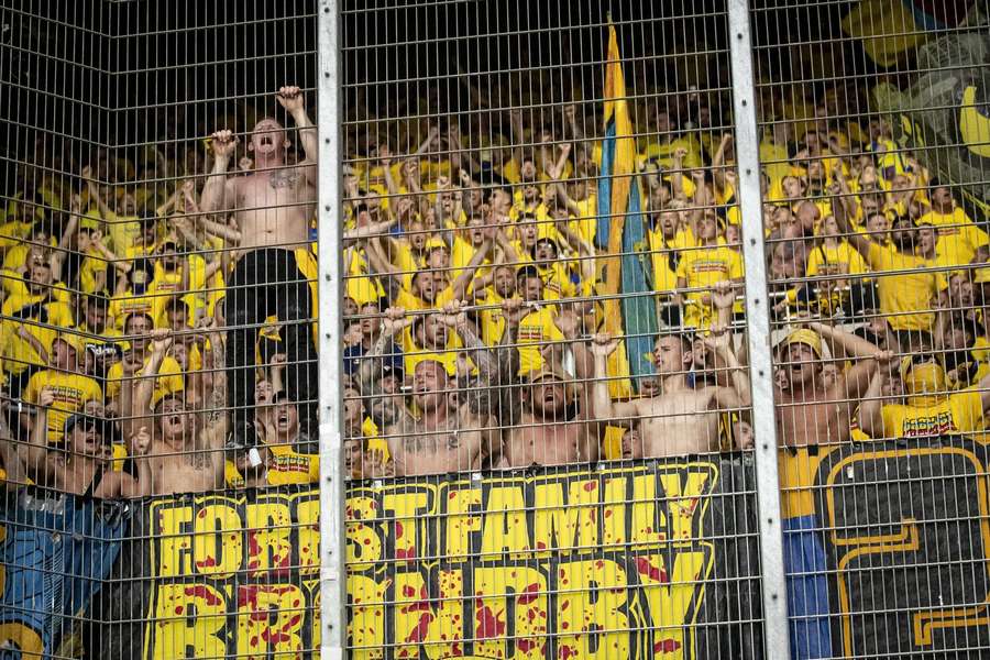 Brondby supporters during a game in Strassbourg Brondby supporters during a game in Strassbourg